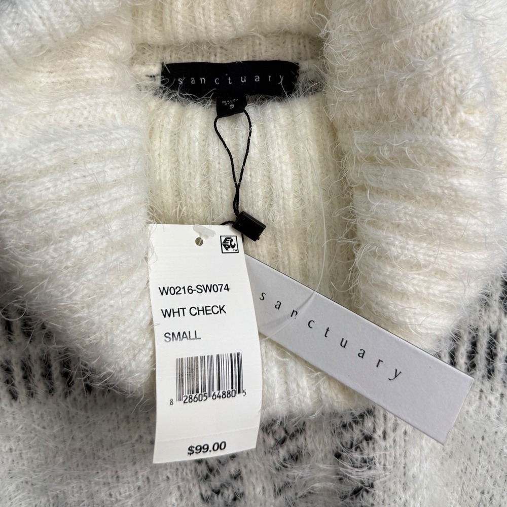 NWT Sanctuary White Check Plaid Fuzzy Knit Turtleneck Sweater Womens Small - Picture 7 of 9